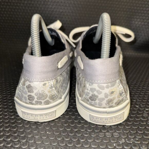 Sperry Top Sider White Gray Silver Leopard Canvas Lace Up Boat Shoes Size 9M - Picture 3 of 8